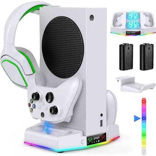 Cooling Stand & Charging Station for Xbox Series S with RGB Light - Dual Controller Charger & Cooler Fan for Xbox Series S Accessories with 2*1400mAH Batteries and Headphone Hook