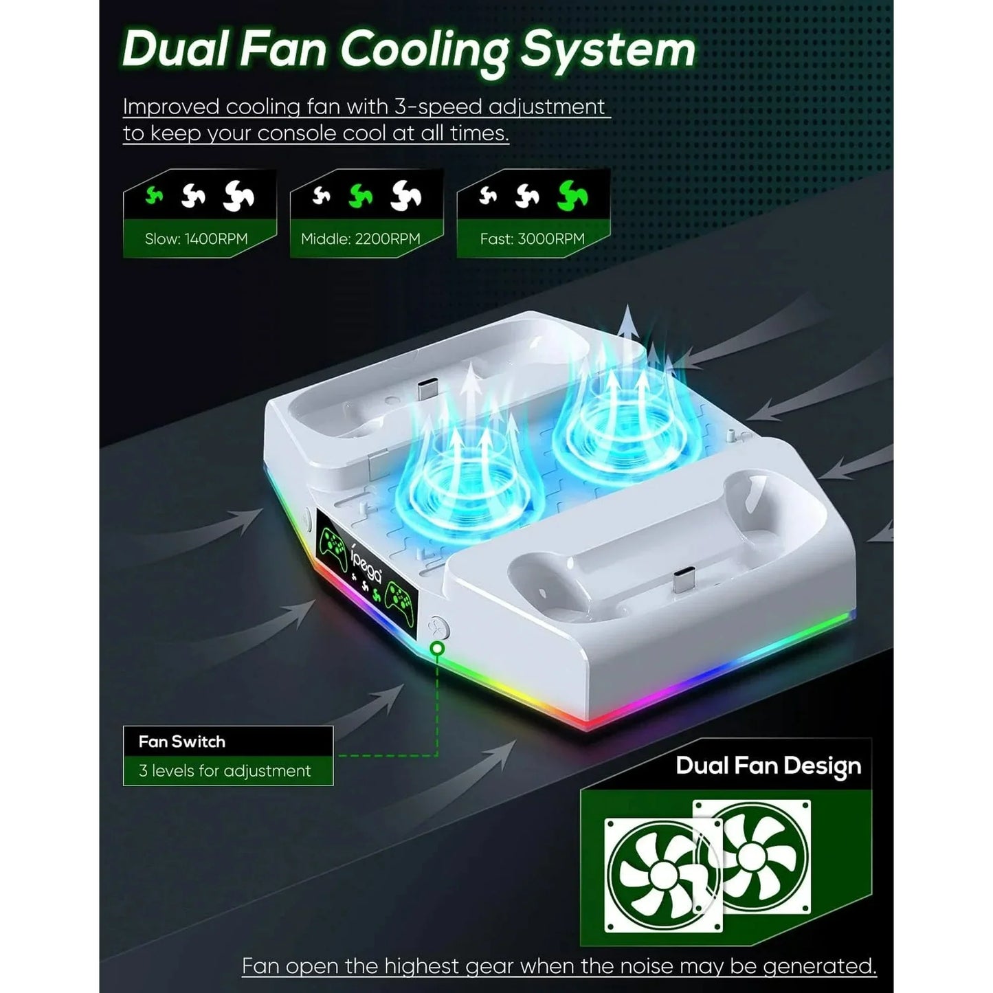 Cooling Stand & Charging Station for Xbox Series S with RGB Light - Dual Controller Charger & Cooler Fan for Xbox Series S Accessories with 2*1400mAH Batteries and Headphone Hook