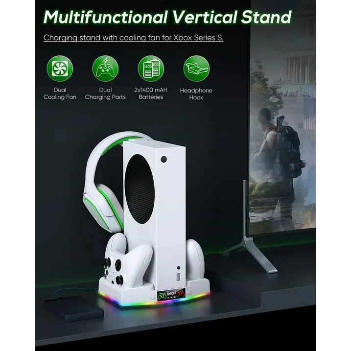 Cooling Stand & Charging Station for Xbox Series S with RGB Light - Dual Controller Charger & Cooler Fan for Xbox Series S Accessories with 2*1400mAH Batteries and Headphone Hook