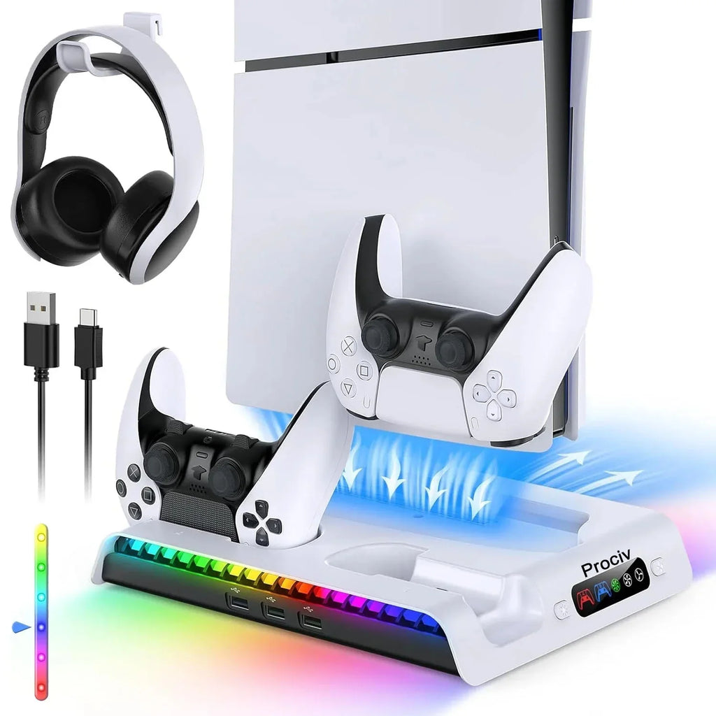 Prociv Charging Stand with Cooling Fan Only for PS5 Slim Console  Dual Controller Charger Station with 9 RGB Lights & Headset Hook & 3-Level Silent Fan  Cooler Accessories for PS5 Slim Digital/Disc