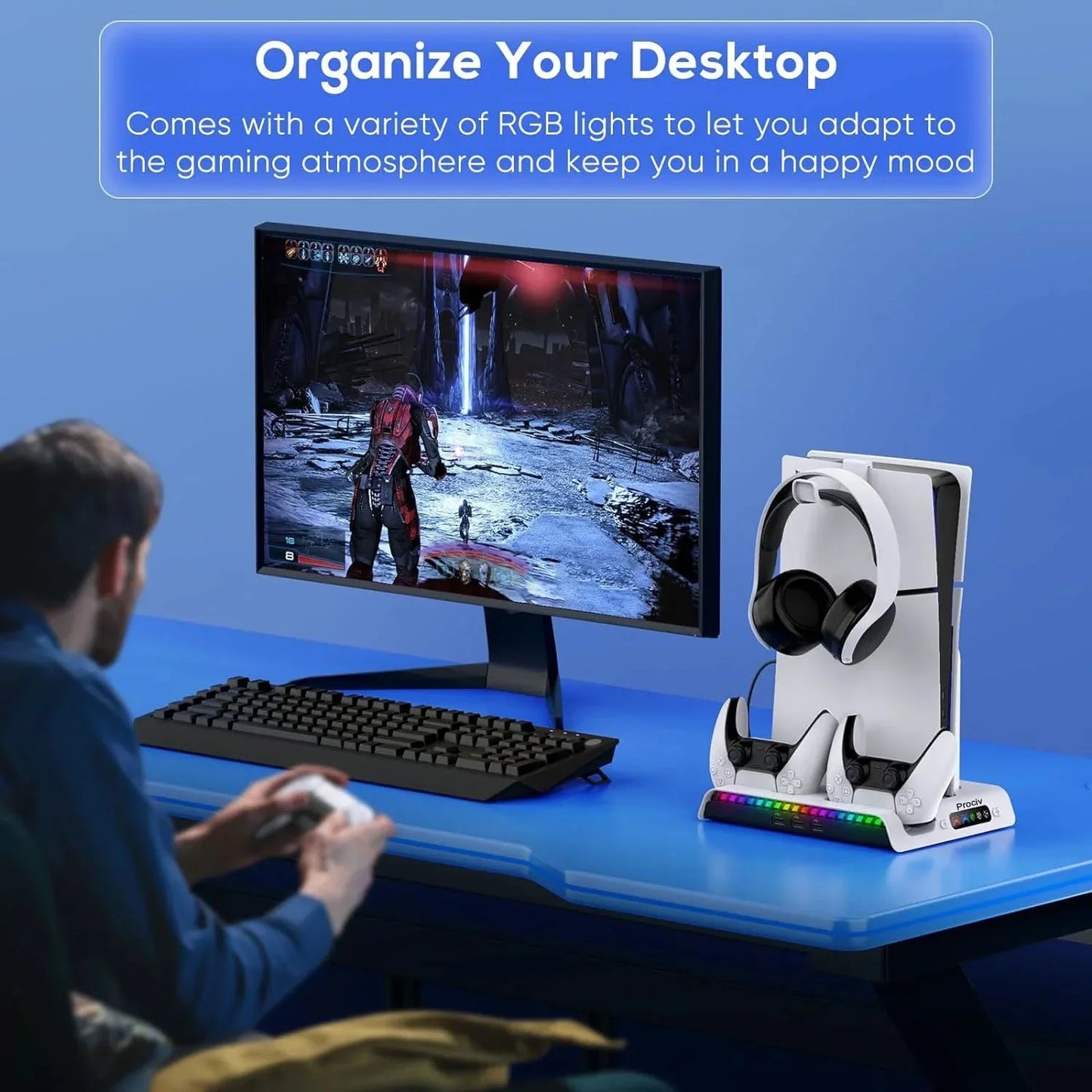 Prociv Charging Stand with Cooling Fan Only for PS5 Slim Console  Dual Controller Charger Station with 9 RGB Lights & Headset Hook & 3-Level Silent Fan  Cooler Accessories for PS5 Slim Digital/Disc