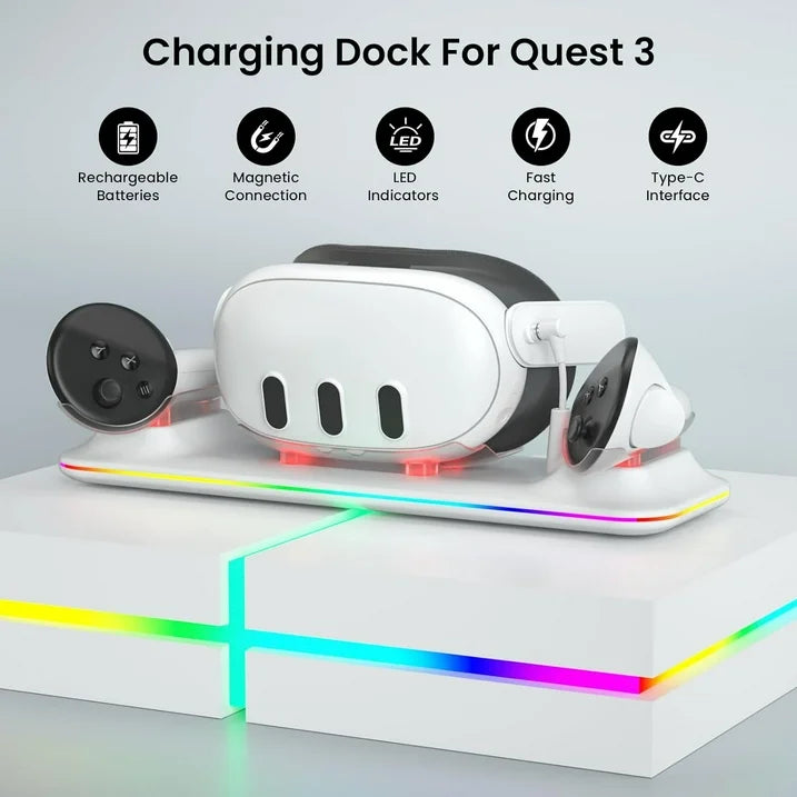 VR Charging Dock for Meta Quest 3  Fast Charging Station with Colorful RGB Light for Oculus Quest 3  Magnetic Charging Stand for VR Headset and Touch Controllers with 2 Rechargeable Batteries  White