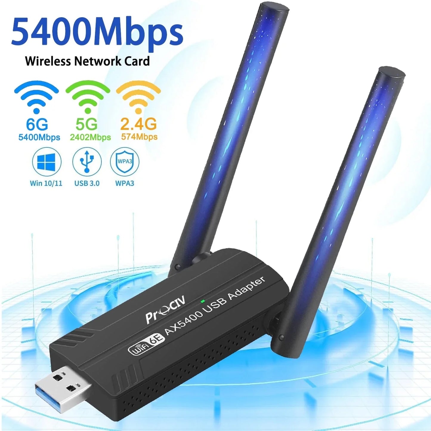 Prociv WiFi 6E USB 3.0 WiFi Adapter for PC Desktop  AX5400M Tri-Band 6GHz/5GHz/2.4GHz Wireless Network Adapter Drive-Free for Windows 10/11 Desktop Laptop Black