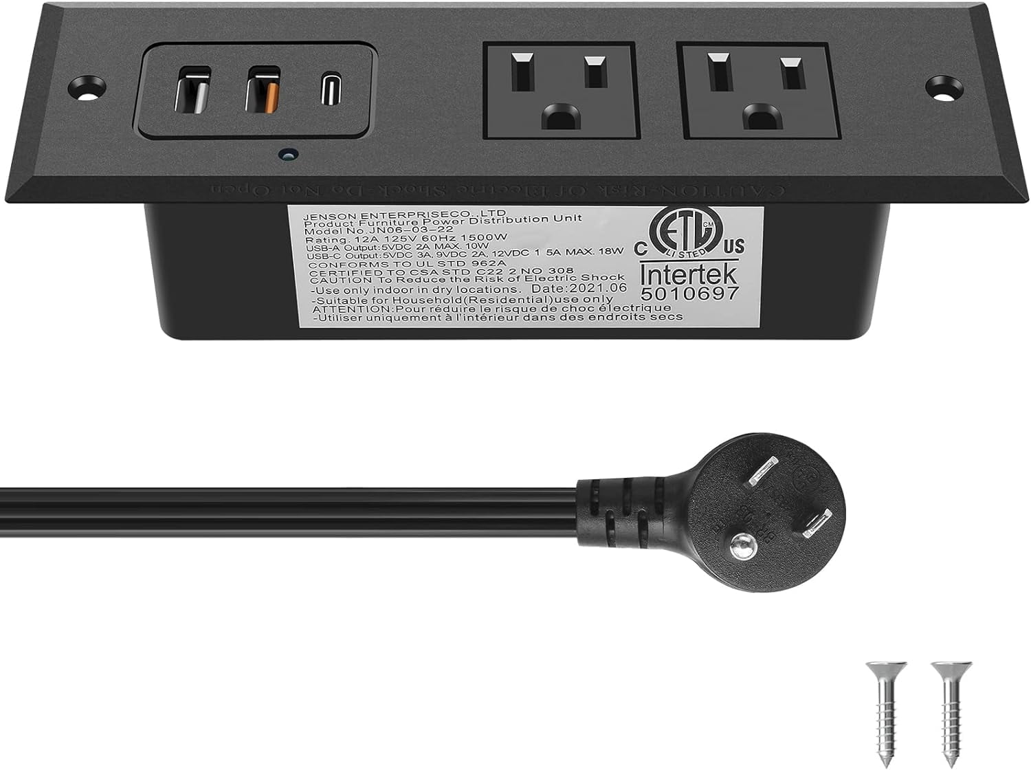 Recessed Power Strip with 20W USB C Port Fast Charging USB A Port Desk Outlet Furniture Hidden Charging Station for Side Table End Table with 6FT 45 Degree Flat Plug Extension Cord Black