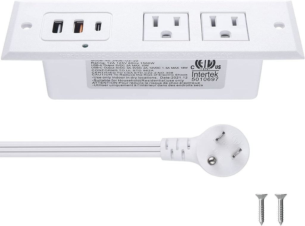 Recessed Power Strip with 20W USB C Port Fast Charging USB A Port Desk Outlet Furniture Hidden Charging Station for Side Table End Table with 6FT 45 Degree Flat Plug Extension Cord White