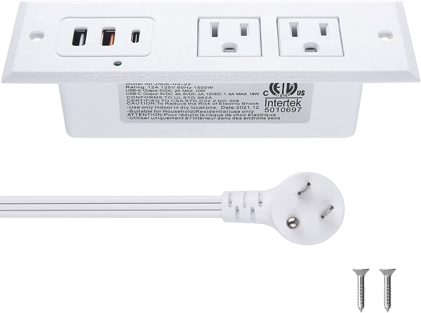 Recessed Power Strip with 20W USB C Port Fast Charging USB A Port Desk Outlet Furniture Hidden Charging Station for Side Table End Table with 6FT 45 Degree Flat Plug Extension Cord White