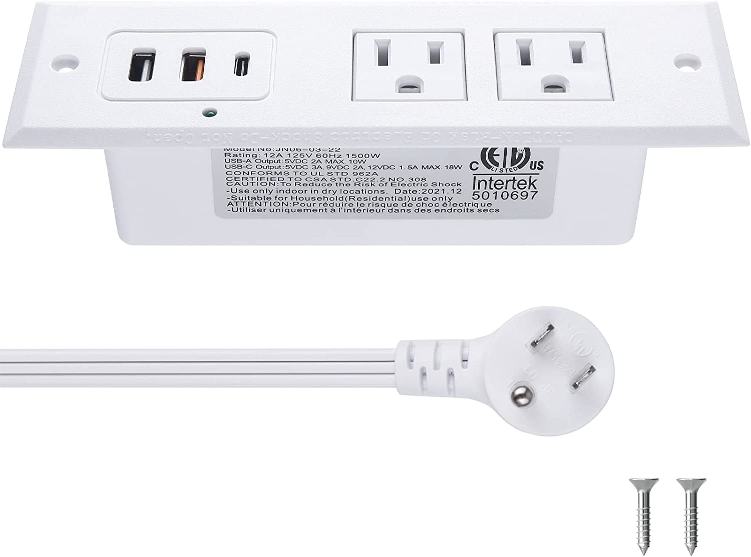 Recessed Power Strip with 20W USB C Port Fast Charging USB A Port Desk Outlet Furniture Hidden Charging Station for Side Table End Table with 6FT 45 Degree Flat Plug Extension Cord White