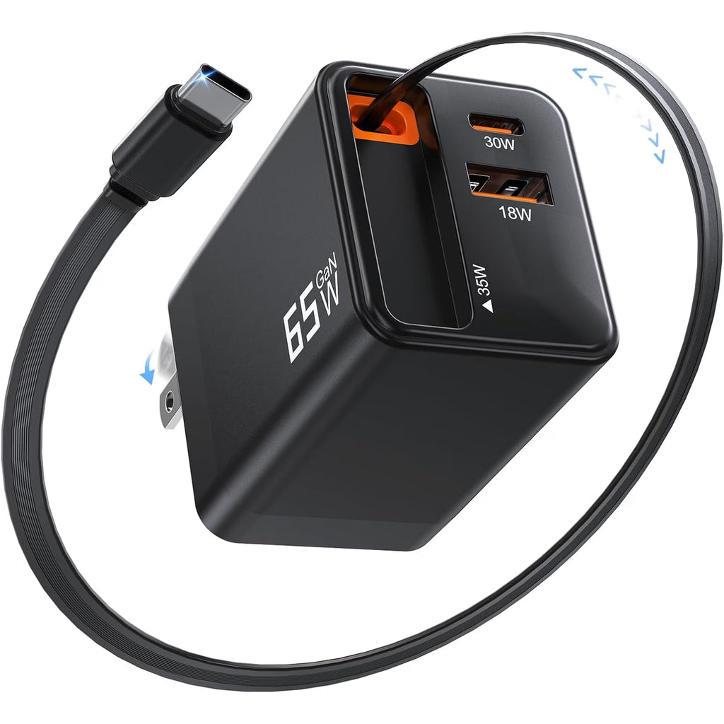 Retractable Charger, Type C Charger Fast Charging, 65W Retractable USB C Charger with Type-C Cable and QC18W PD30W Port, PD PPS Fast Charging Block with Foldable Plug Travel Essentials