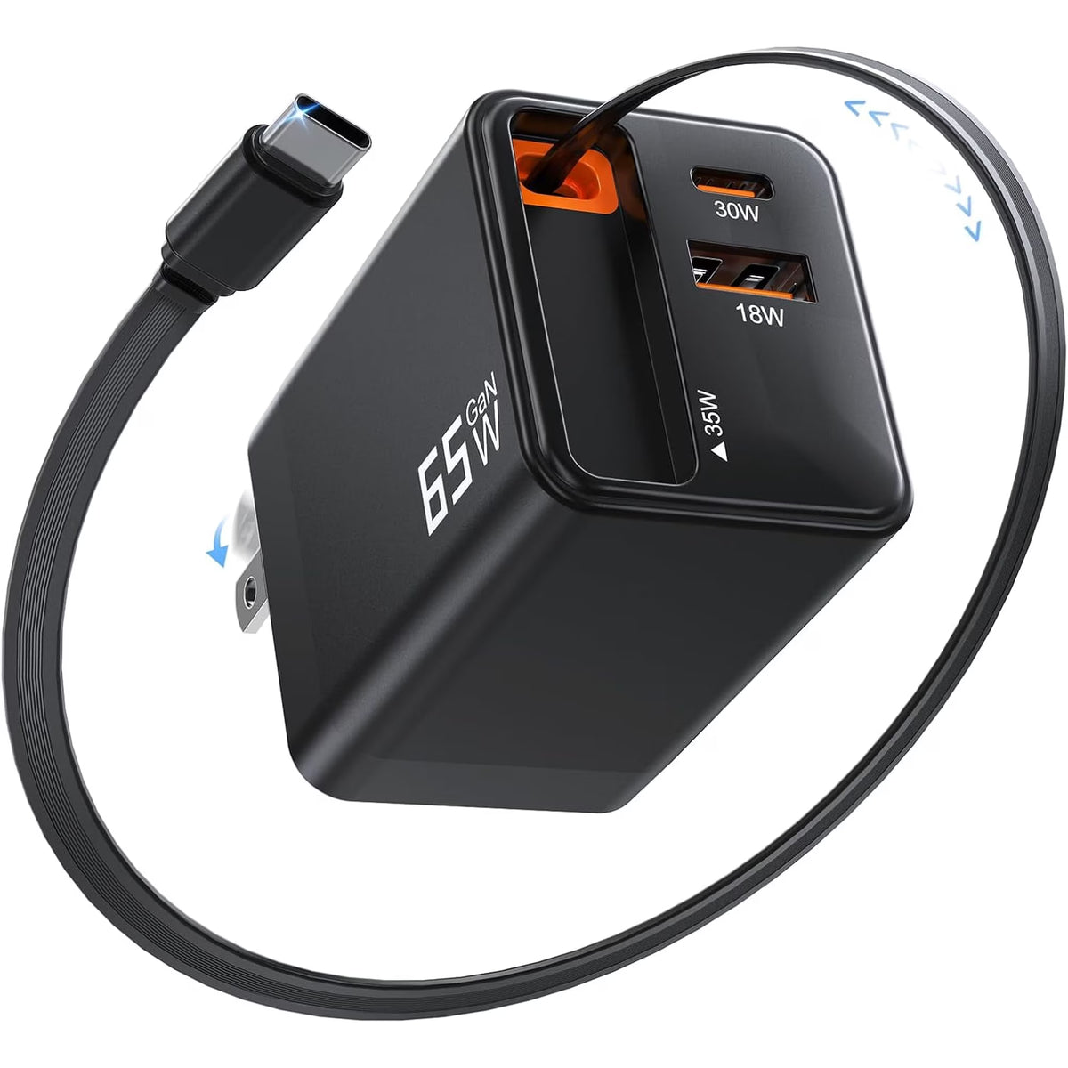 Retractable Charger, Type C Charger Fast Charging, 65W Retractable USB C Charger with Type-C Cable and QC18W PD30W Port, PD PPS Fast Charging Block with Foldable Plug Travel Essentials