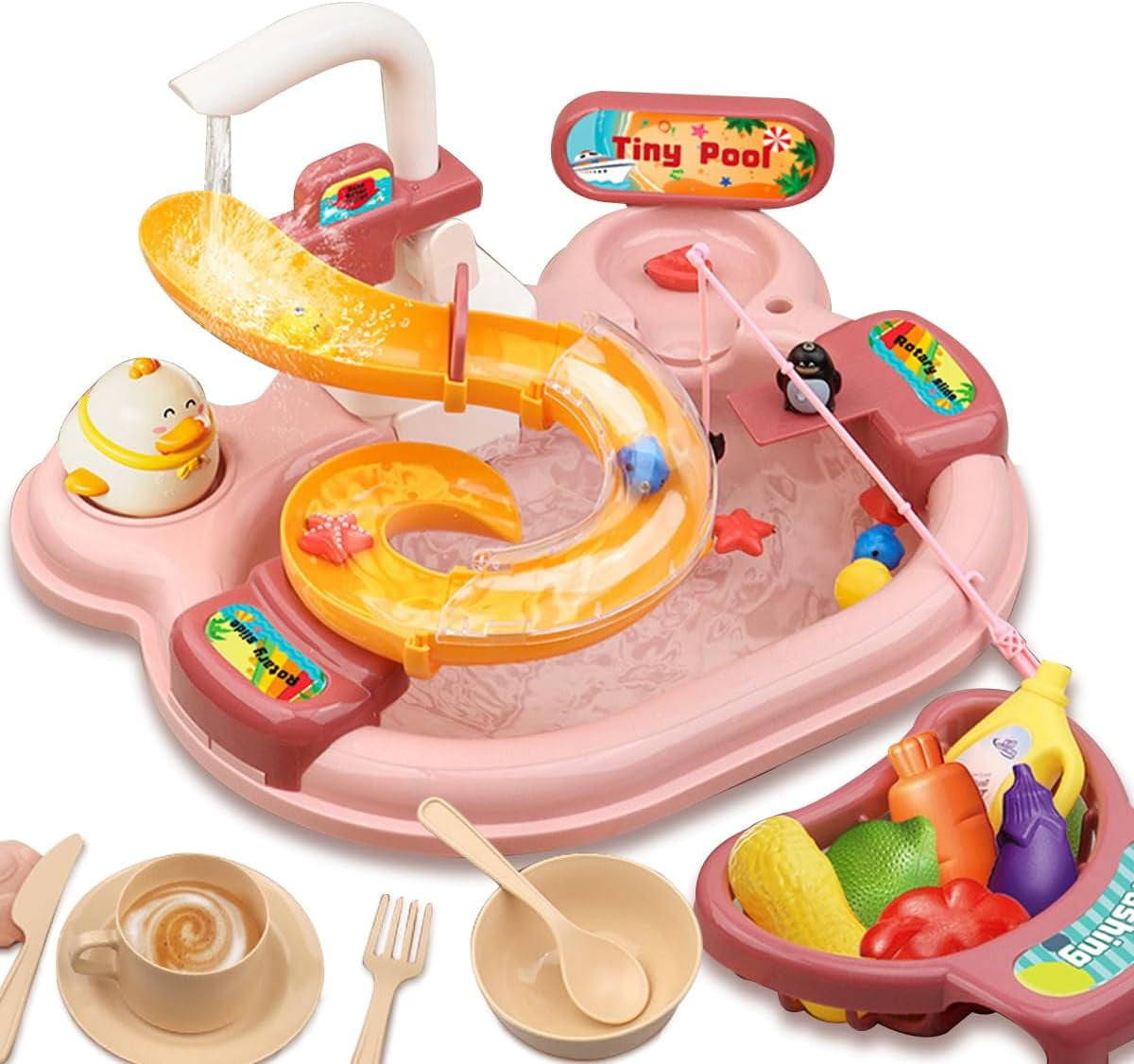 Toddler Toys Baby Toys Kid Toys Fishing Table and Dishwasher Toys Kids Kitchen Sink & Fishing Playset & Electric Dishwasher Toys Electric Water Table for Kid 3-12 Years Play Sink Fishing Toy Pool Set