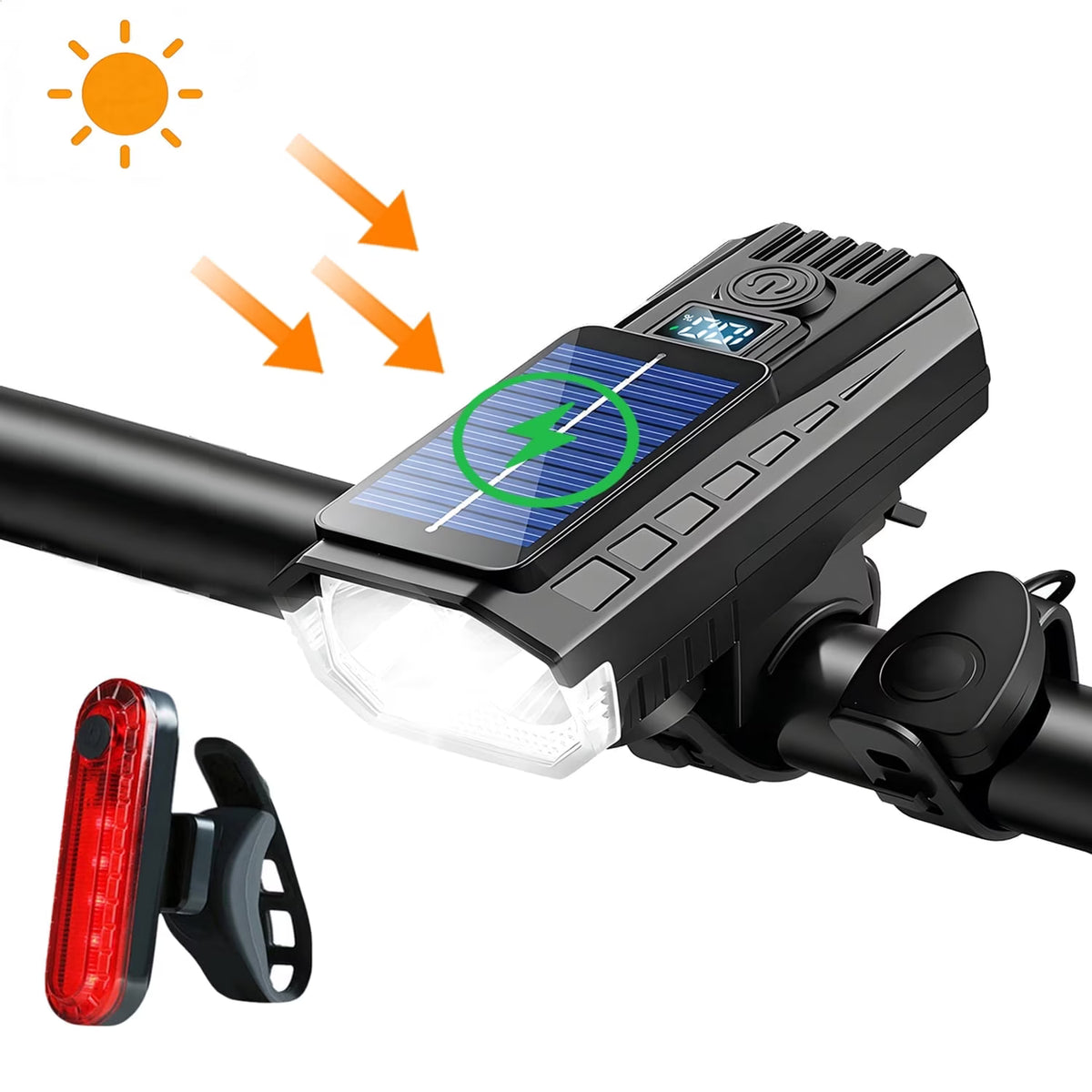 Bike Lights for Night Riding, Solar Bike Lights USB Rechargeable Bike Lights Front and Back Ultra Bright Bike Headlight with Speaker, 4 Mode Lights, Waterproof, Battery Level Display