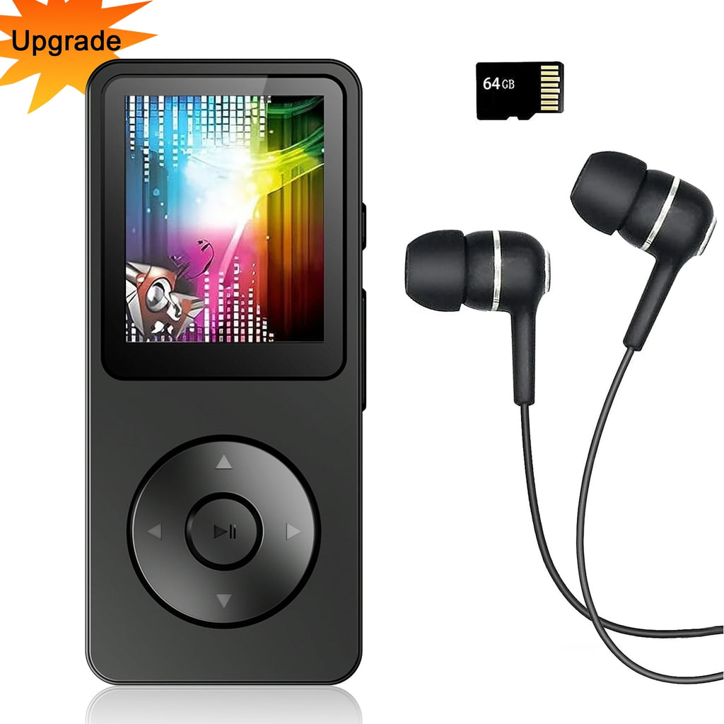 Upgrade MP3 Player with Bluetooth and 64GB Hi-Fi Music Player with Built-in Speaker Earphones Voice-Activated Recording MP3 Players with FM/E-Book/Video Supports up to 128GB for Kids Running Walking