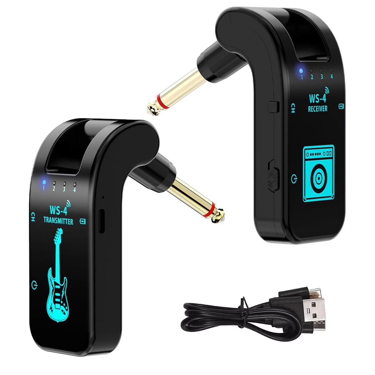 Wireless Guitar System, 2.4 GHz with 8 Channels Rechargeable Audio Wireless Guitar Transmitter Receiver for Electric Bass Guitar Electric Wind Instruments, 48K/16 bit Real-time Transmission (Black)