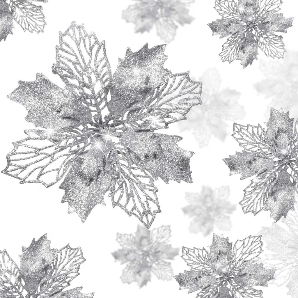 XEAZON 16 Pcs Christmas Glitter Flower, 6.3 inch Christmas Silver Glitter Hollow Leaf, Artificial Poinsettia Flowers Tree Ornaments, Festival Xmas Decor for Wedding Christmas Party Home Decoration