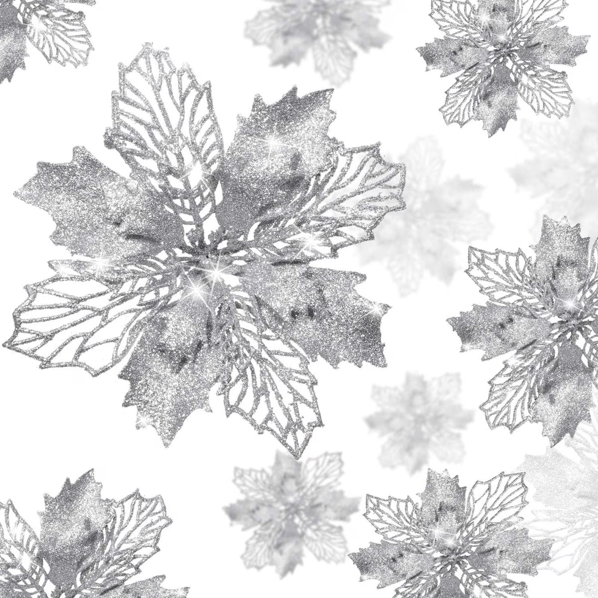 XEAZON 16 Pcs Christmas Glitter Flower, 6.3 inch Christmas Silver Glitter Hollow Leaf, Artificial Poinsettia Flowers Tree Ornaments, Festival Xmas Decor for Wedding Christmas Party Home Decoration