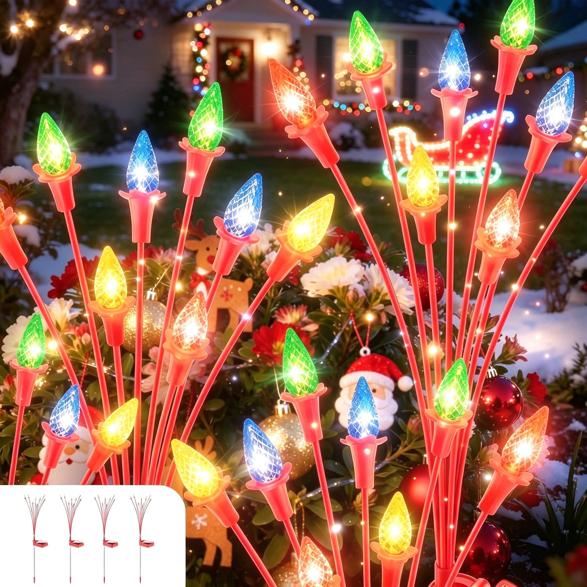 XEAZON 4 Pcs Christmas Berry Solar Garden Light Waterproof Outdoor Decor Stake Light Auto ON/Off Solar Multiple Color Lights Christmas Decorating Outdoor Yard Light for Holiday Pathway Pond Courtyard