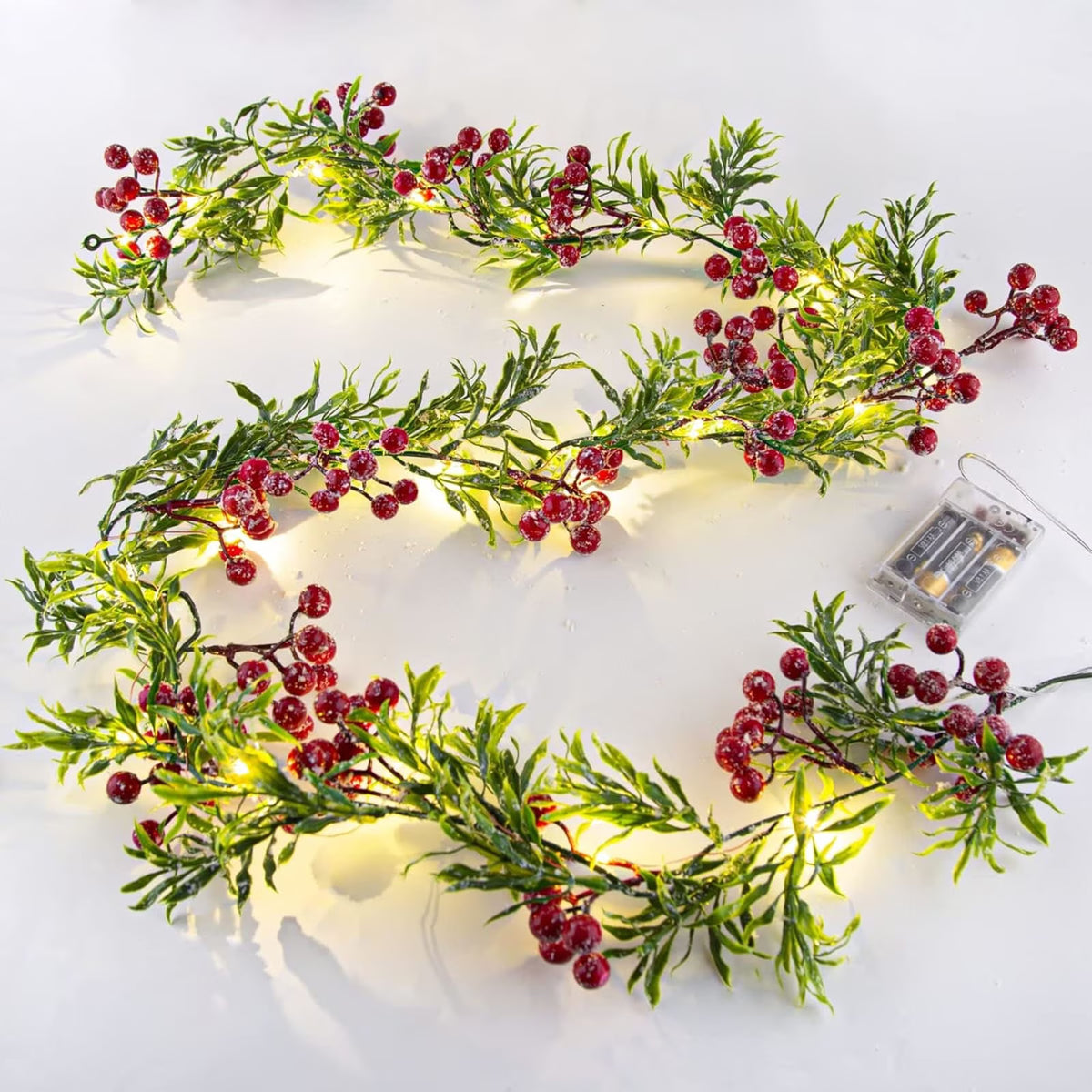 XEAZON Pre-Lit Christmas Garland, 6FT Artificial Christmas Garland String Lights with Red Berries Green Leaves 20 LED Lights for Christmas Mantle Stair Indoor Outdoor Holiday Decoration