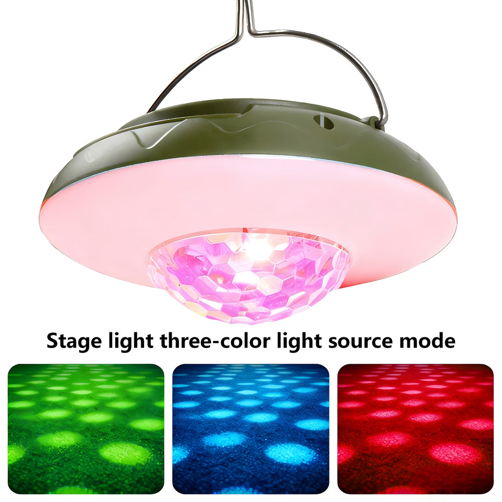 Solar Camping Lights & Lantern with Disco Light Ball, Rechargeable Hanging Tent Light, Music Sync Strobe RGB LED Camping Party Lights with 9 Light Modes & IPX4 Waterproof, Camping Essentials, Green