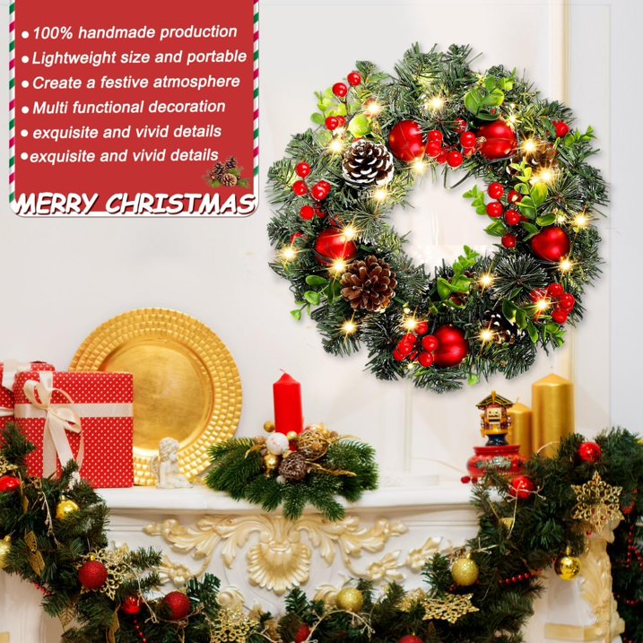 XEAZON Christmas Wreaths for Front Door, 16In Christmas Wreath with LED Lights Pine Cones and Berry Clusters, Festive Hanging Garland for Christmas Wall Fireplace Window Indoor Outdoor Decorations