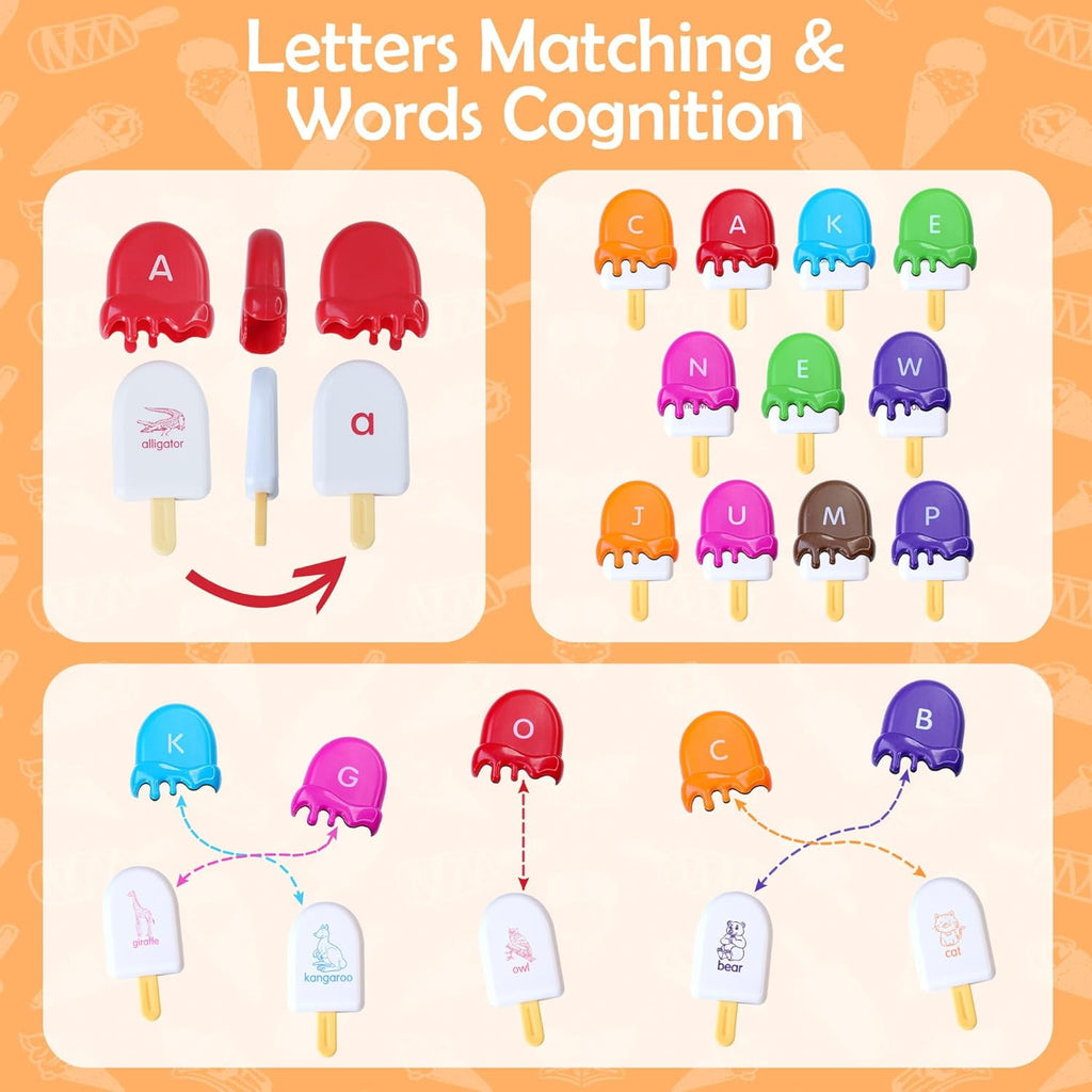 CEDQ ABC Alphabet Learning Toys for Baby 3 4 5 Alphabet Popsicles Animal Matching Toy Uppercase Lowercase Preschool Learning Activities Montessori Toys Back to School Gifts for Kids Ages 3+ 52 Pcs