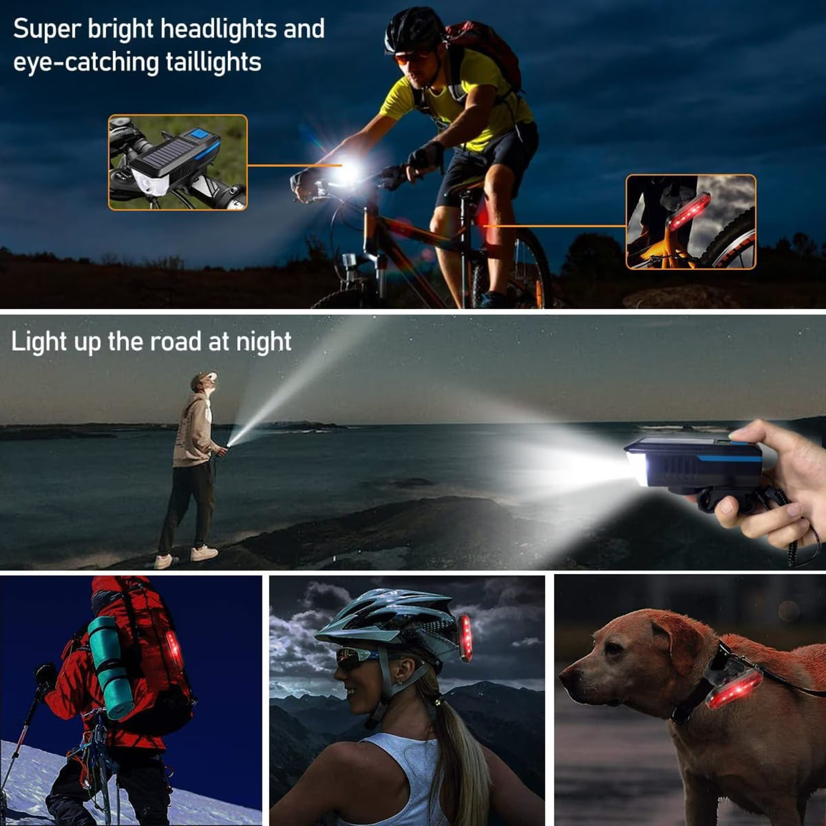 Bike Lights for Night Riding, Solar Bike Lights USB Rechargeable Bike Lights Front and Back Ultra Bright Bike Headlight with Speaker, 4 Mode Lights, Waterproof, Battery Level Display