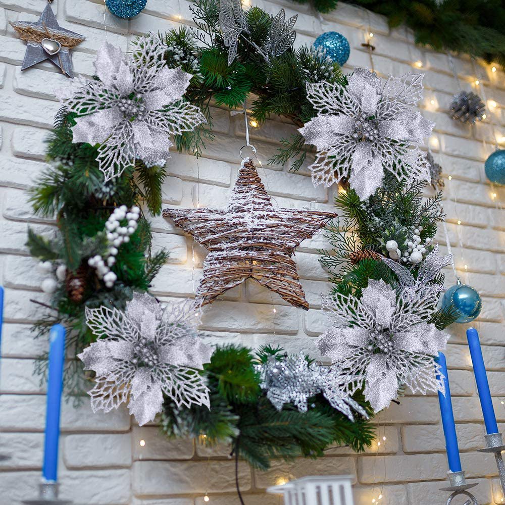 XEAZON 16 Pcs Christmas Glitter Flower, 6.3 inch Christmas Silver Glitter Hollow Leaf, Artificial Poinsettia Flowers Tree Ornaments, Festival Xmas Decor for Wedding Christmas Party Home Decoration