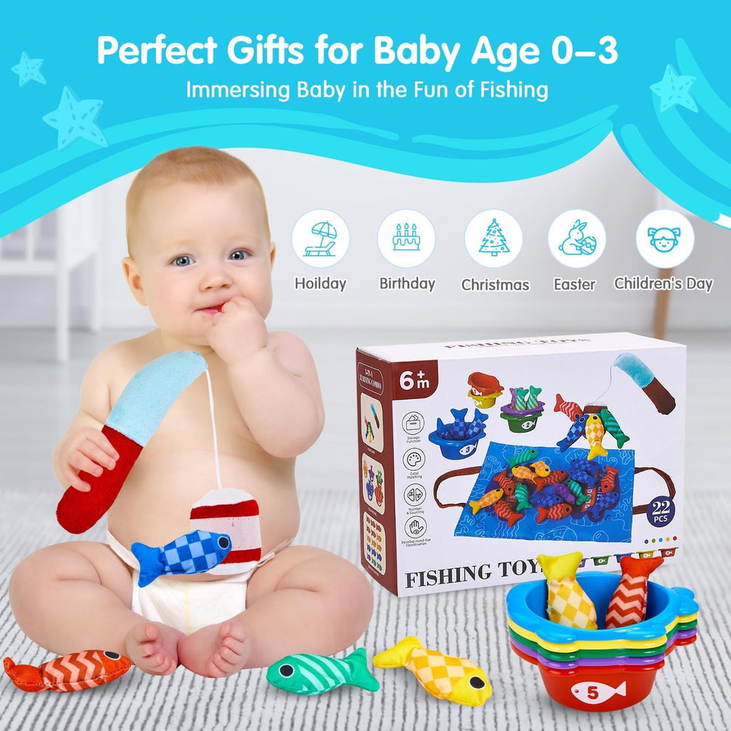 Toys for 1 Year Old Girl Boy Montessori Baby Toys 12-18 Months Cloth Fishing Game with Stacking Cups 1 Year Old Girl Boy Gifts Toddler Learning Toy 1 2 3 Year Old Baby Birthday Christmas Gifts
