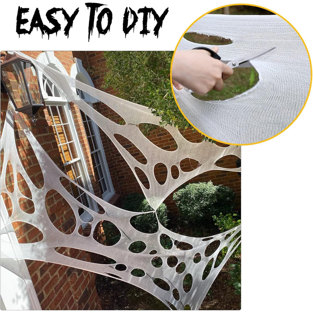 Halloween Spider Web Decorations Outdoor, 450sqft Stretchy Giant Spider Web with 10 Ground Stakes, Polyester Beef Netting Spider Web for Yard Lawn Haunted House Halloween Party Decorations
