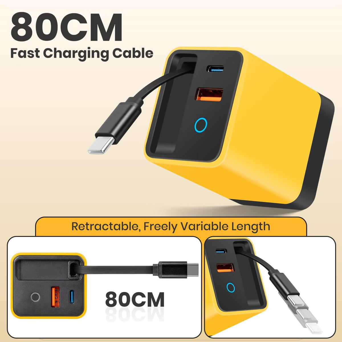 3 in 1 Type C Charger Fast Charging, 80w Charger Retractable Cable, Retractable USB C Charger with Type-C Cable & 2 USB Ports, All in One Chargers Retractable Cable, Home Travel Essential (Yellow)