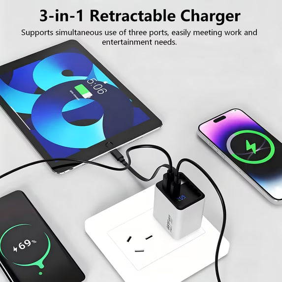 Retractable USB C Charger, 65w Fast USB C Charging Block with Type-C Cable & Dual Ports, Retractable Gan Wall Charger with Smart Display for All Phone Tablet Laptops Travel Essential, Grey