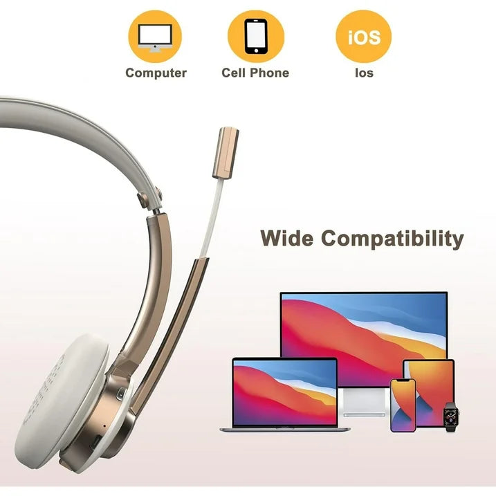 Bluetooth Headset with Microphone, Wireless Headphones with Noise Cancelling Mic, 26hrs talktime, On Ear Headphones with Mic Mute for Mac/Laptop/Zoom/Teams/Call Center/Office/Home Gold