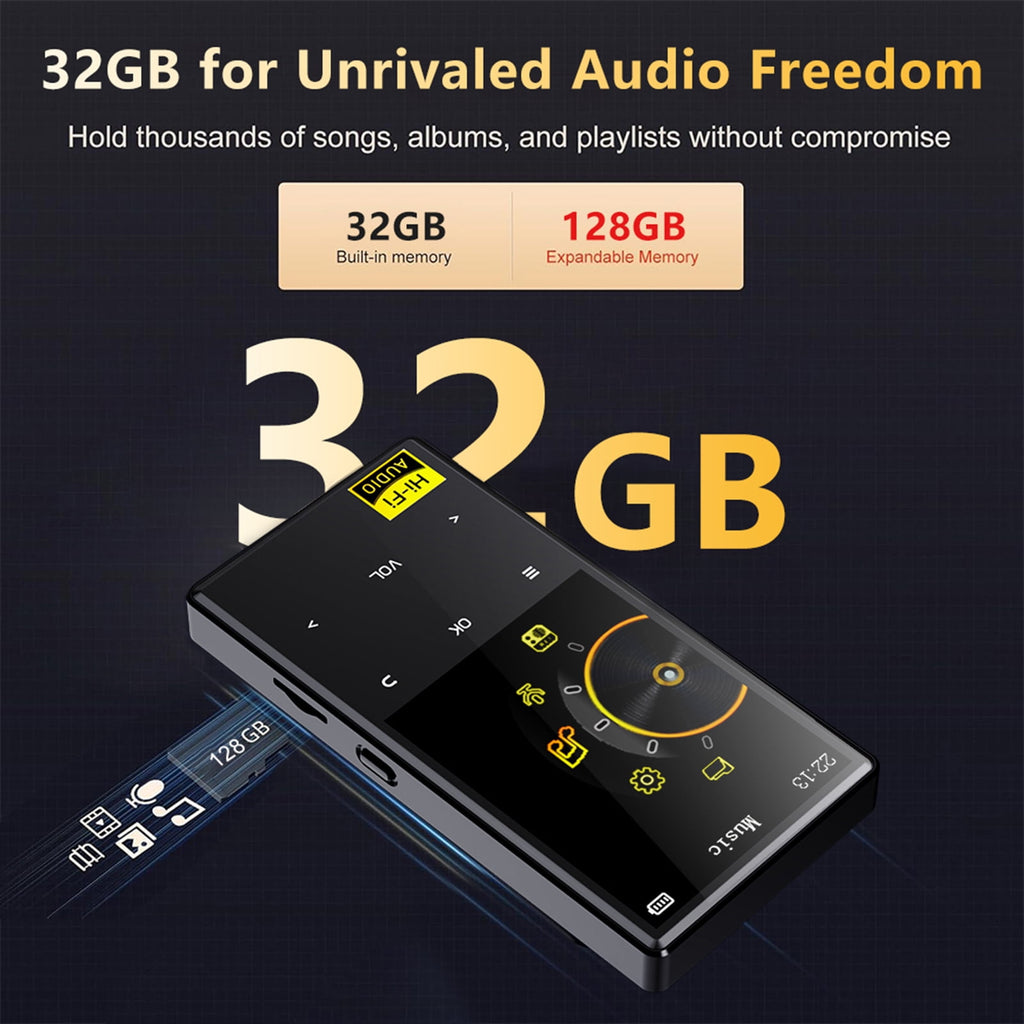 64GB MP3 Player with Bluetooth 5.4 Portable Lossless HiFi Sound Music Player with HD Speaker Digital Audio Player E-Book/Recorder/FM Radio Touch Buttons Support up to 128GB for Running Walking