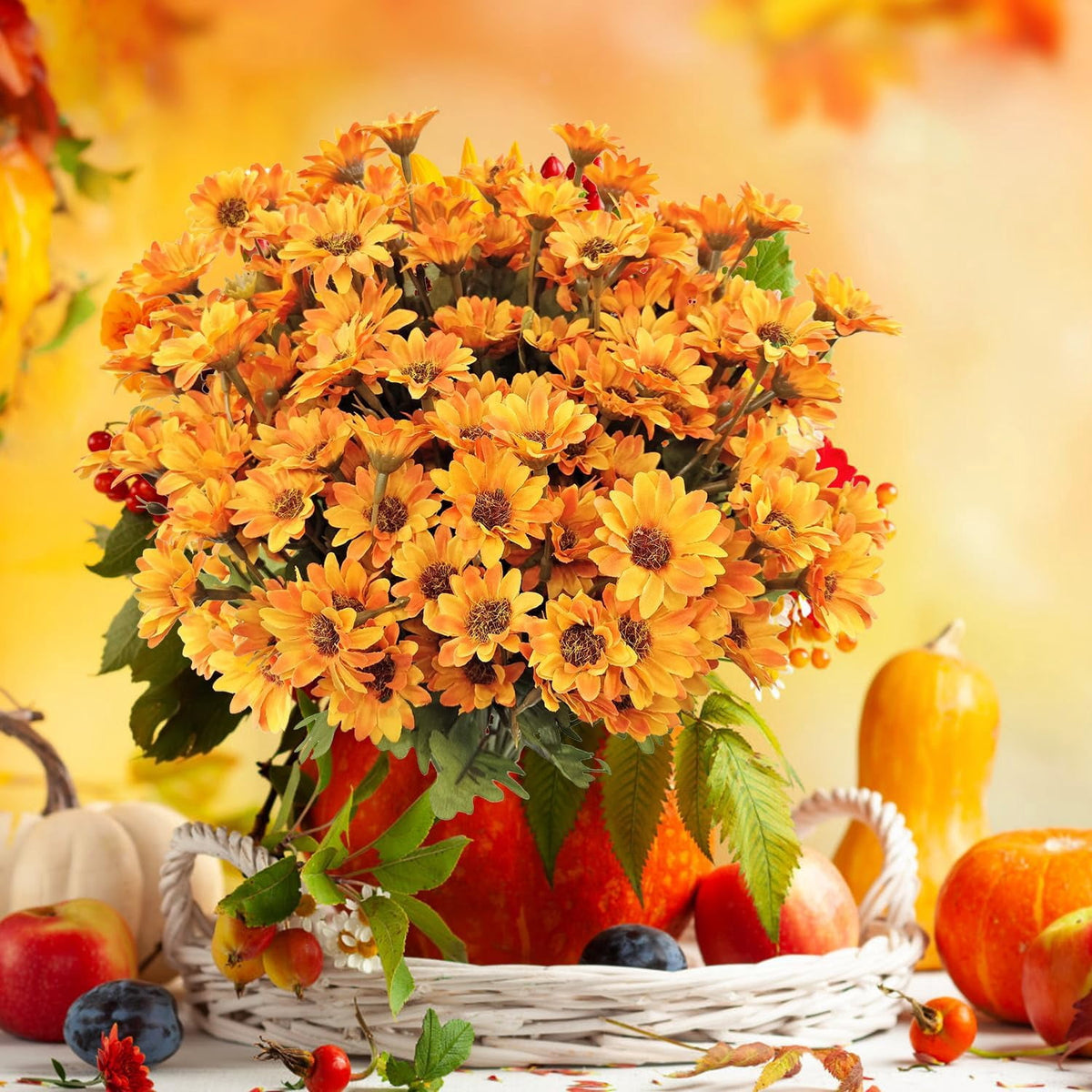 5-Pack Artificial Fall Flowers Fake Lifelike Mums for Outdoors UV Resistant Silk Daisy Floral Faux Mum Plants Fake Bushes for Year-Round Porch Garden Yard Porch Patio Decor Home Decor Indoor Outside