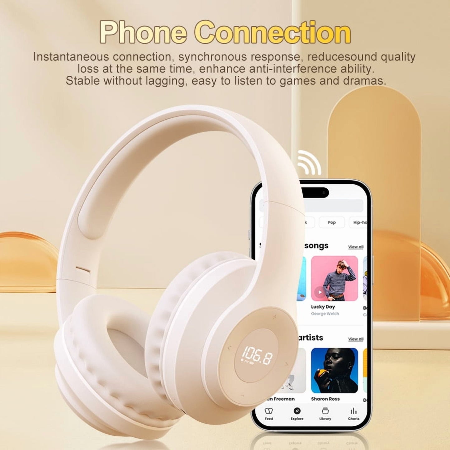 Wireless FM Radio Headphones with Bluetooth Built-in Microphone LED Display Rechargeable & Portable Headphones Soft Ear Muffs FM Headset Radio Receiver for Meeting Works Hiking Jogging