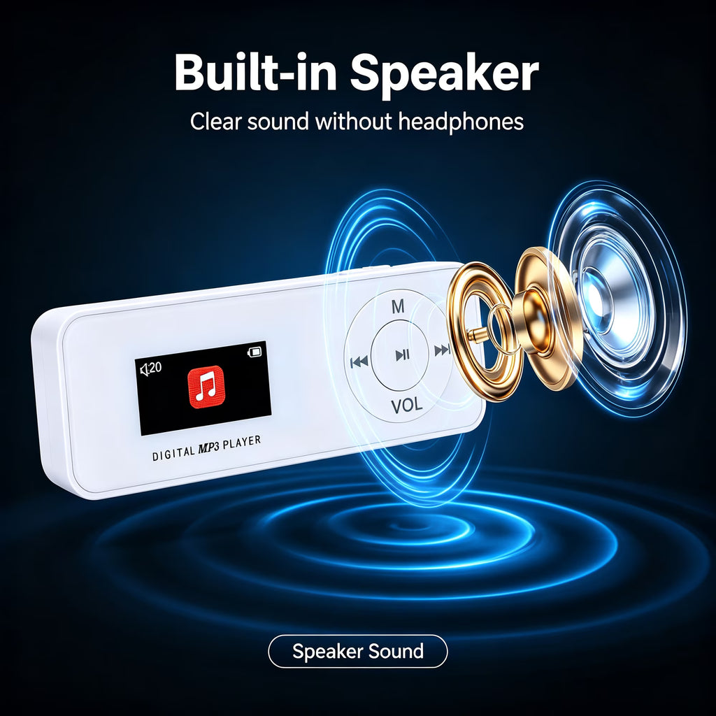 MUSICOZY Bluetooth MP3 Player with Built-in Speaker, 1.1 Inch Mini Digital Music Player, Portable Lossless Audio Player, Support TF Card, Voice Recorder, FM Radio for Students, Running, Travel