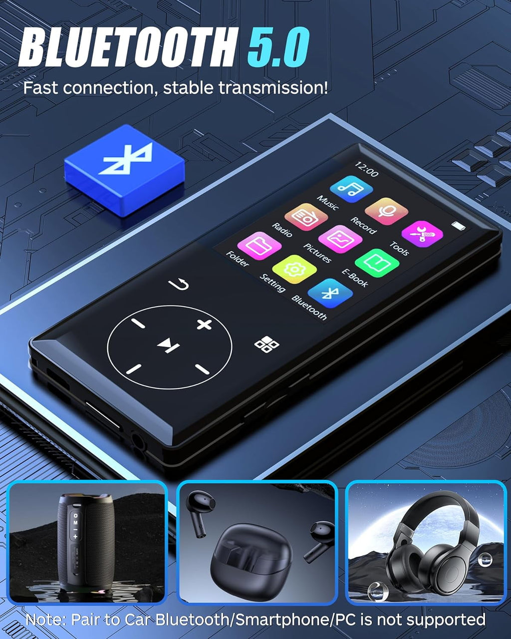 MUSICOZY 96GB MP3 Player with Bluetooth - Portable Mp3 Music Player with HiFi Speaker 2.4 Screen MP3 Player with Voice Recorder FM Radio Touch Buttons Support up to 256GB SD Card For Sports