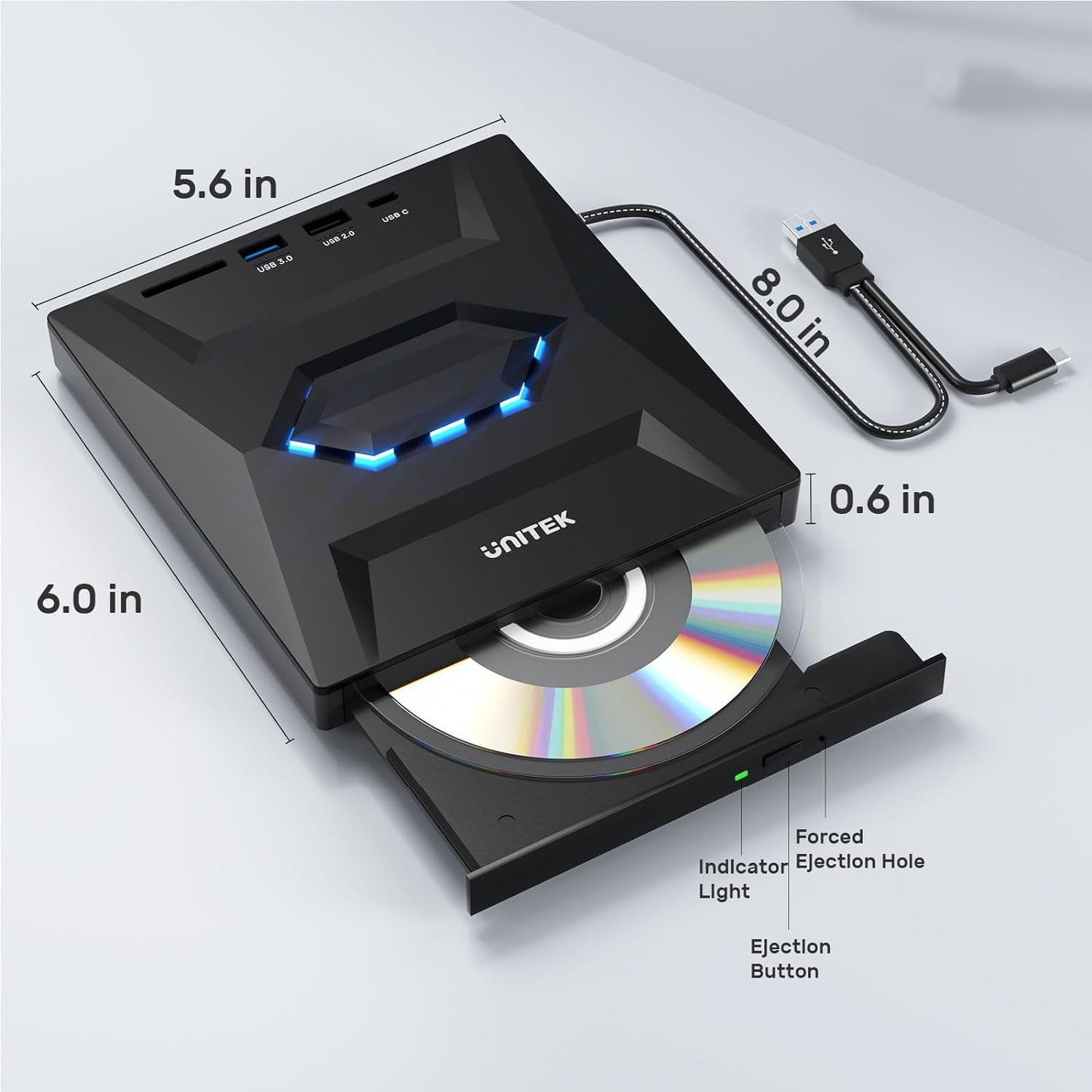 MUSICOZY External CD DVD Drive for Laptop 5-in-1 USB C Portable CD/DVD +/-RW Drive/DVD Player with SD Card Reader USB 3.0 USB C Hub CD ROM Burner for Mac Book Linux OS Windows