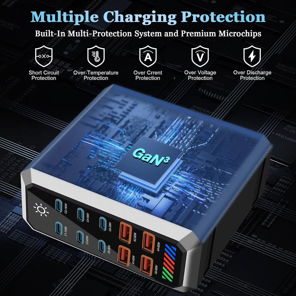 660W Charging Station for Multiple Devices, 10 Ports GaN III USB C Fast Charger Block, USB C Fast Charging Hub Organizer Compatible with All Phones and Computers for Home Office Travel, Black