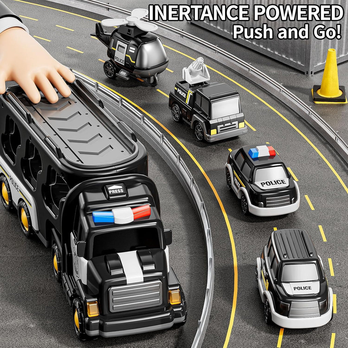 CEDQ Kids Police Truck Toy with Music for 3-9 Years Boys&Girls - 5 in 1 Black Carrier Vehicle Toy Set with 3 Small Cars 1 Helicopter Friction Powered Car Toys for Baby Birthday Gifts for Toddlers
