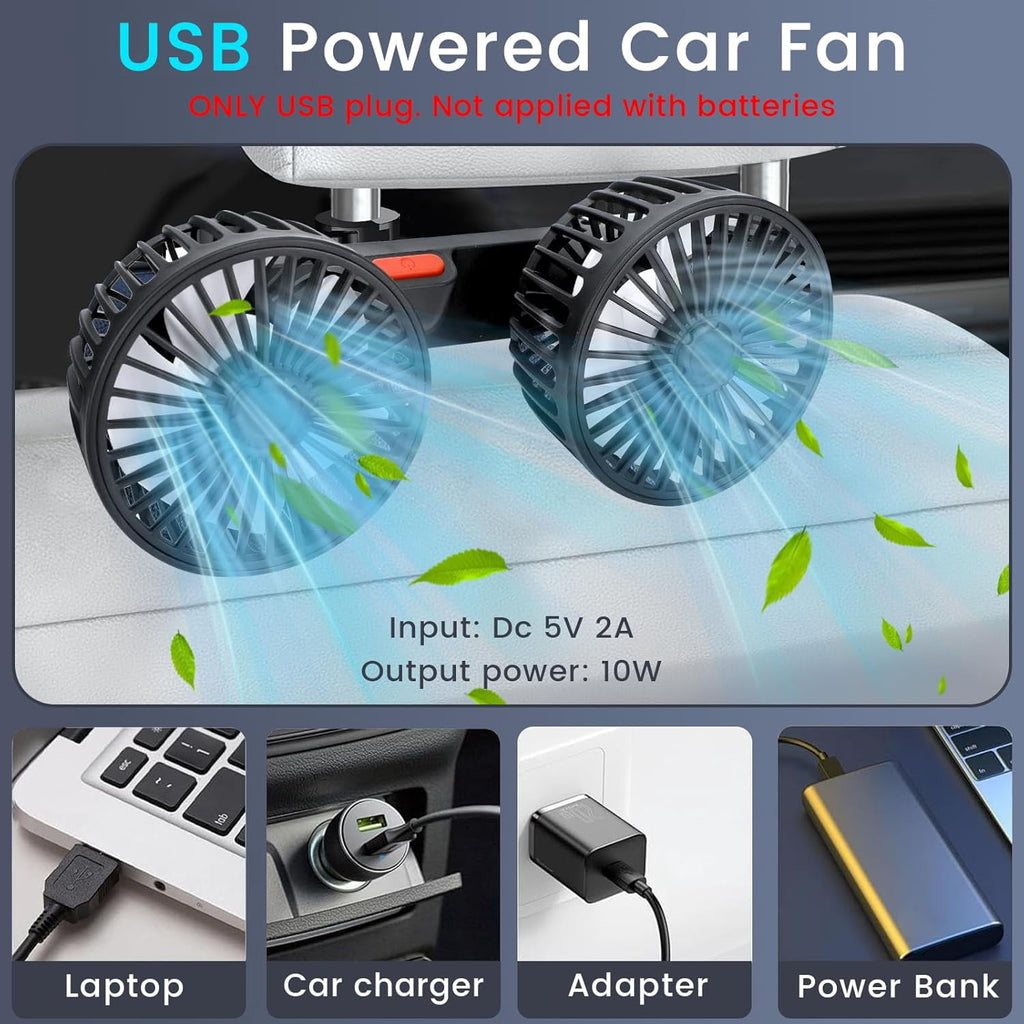 USB Car Cooling Fans for Backseat Dual Head Car Fan for Kids 360° Rotatable Headrest Fans 3-Speed Ultra-Quiet 5V Powerful Electric Air Circulation Fan for SUV Truck Sedan