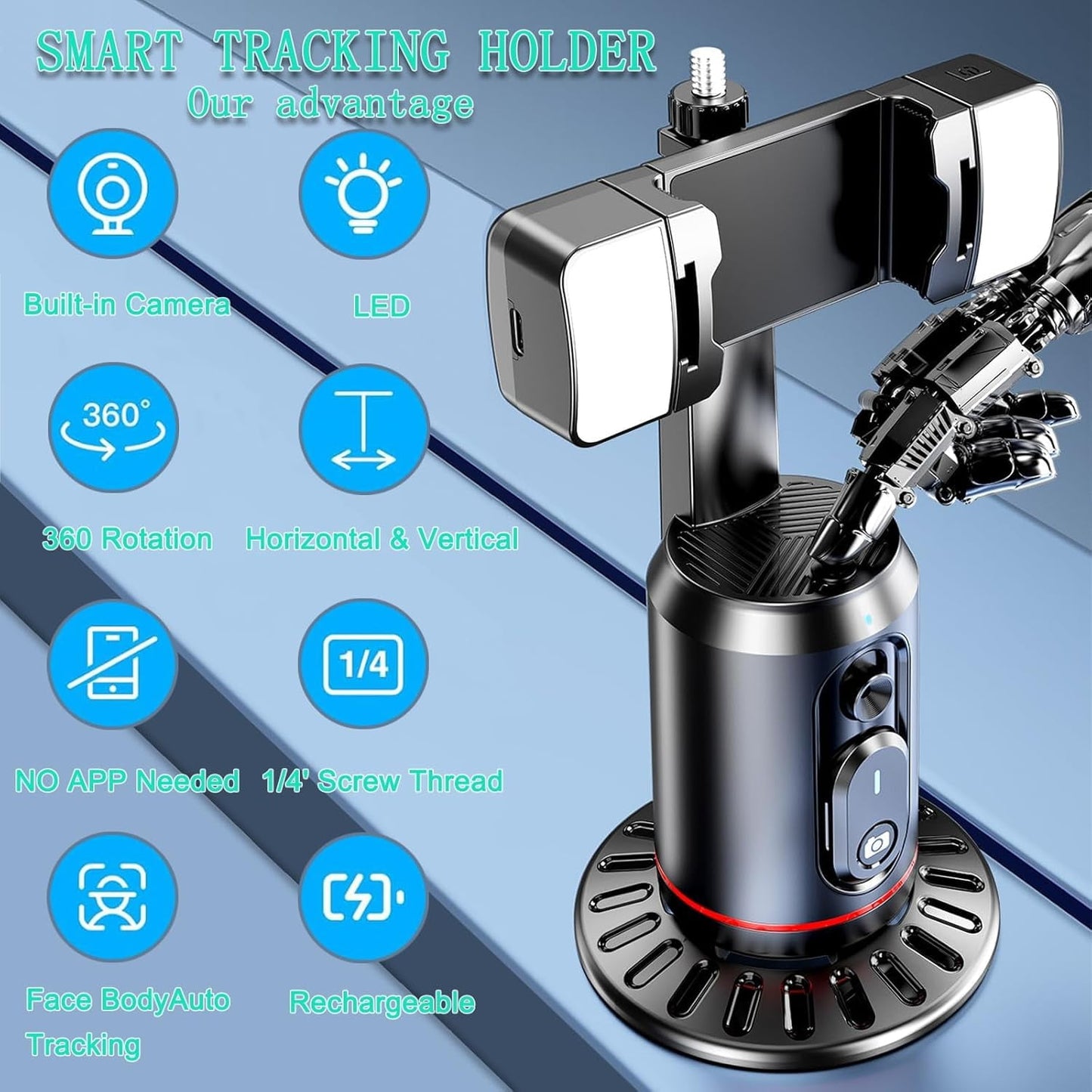 Auto Face Tracking Tripod AI Smarts 360° Rotating Auto Tracking Phone Stand No App Required Camera Stand with Remote and RGB Fill Lights Rechargeable Shooting Stand for Live Video Recording Tiktok
