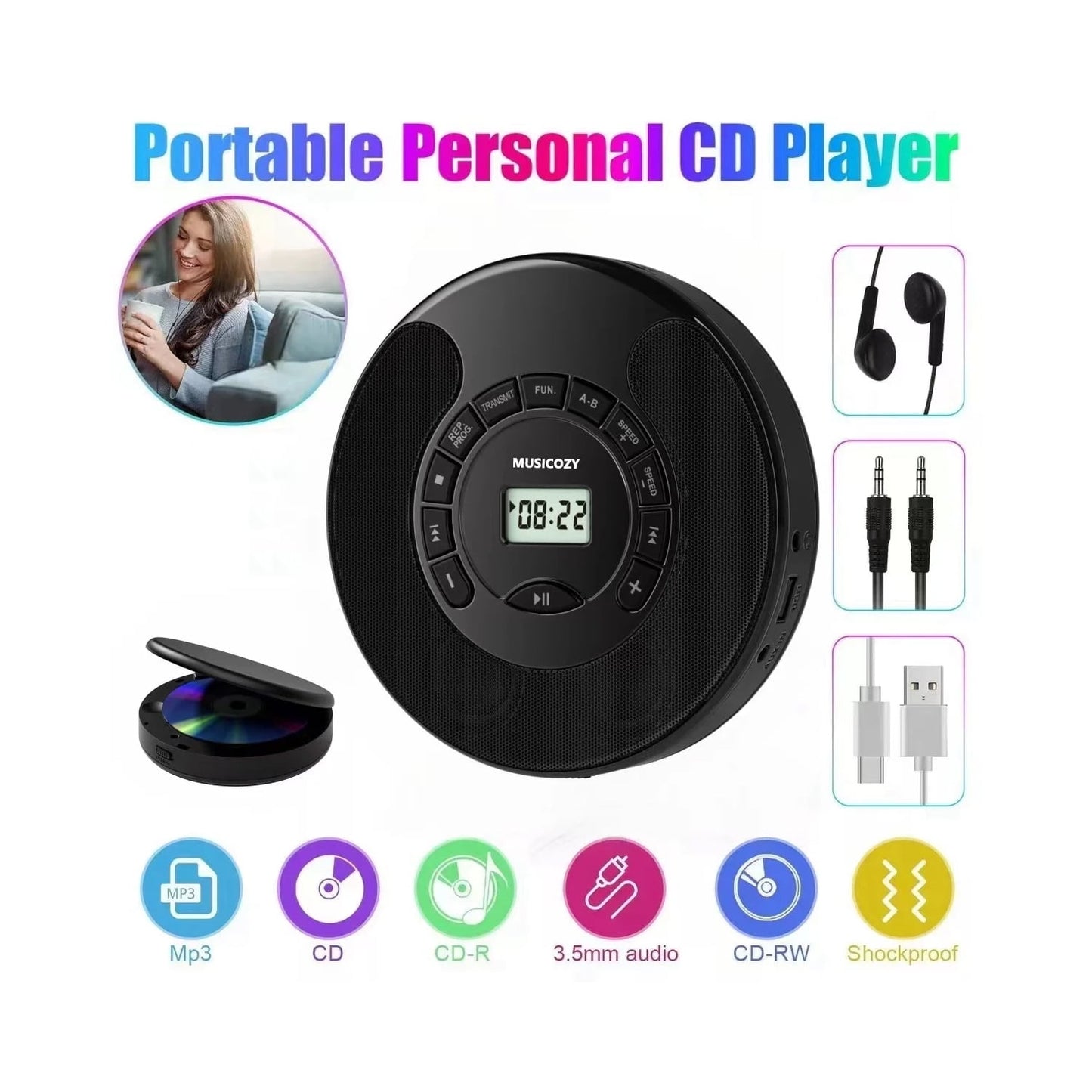 Portable CD Player with Bluetooth Rechargeable Walkmans CD Player for Car Built-in Speaker Bluetooth Transmitter A-B Repeat and Speed+/- Personal CD Player with Headphone Jack AUX Cable Best Gift