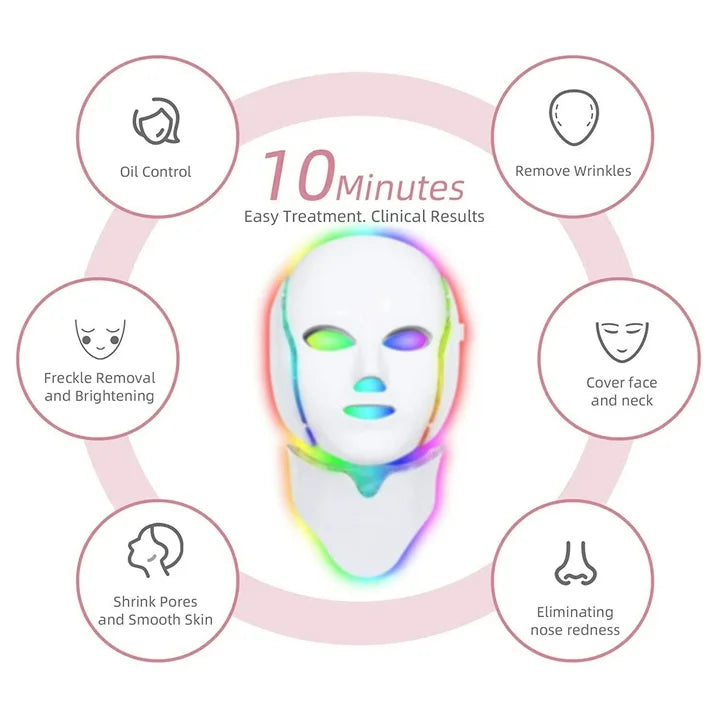 Led Face Mask Light Therapy, 7 Color Led Light Therapy Facial Mask Blue Red Light Therapy for Face Acne Reduction Skin Care Mask