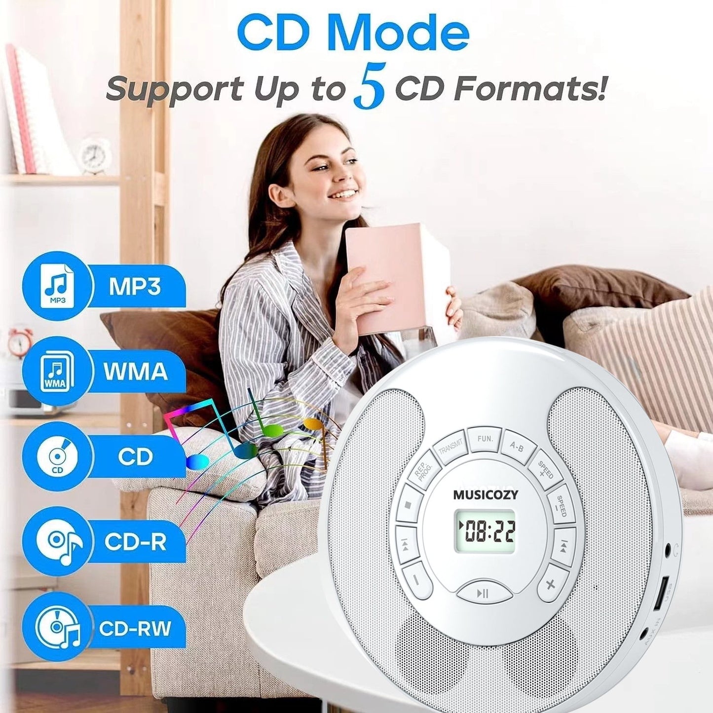 Portable CD Player with Bluetooth Rechargeable Walkmans CD Player for Car Built-in Speaker Bluetooth Transmitter A-B Repeat and Speed+/- Personal CD Player with Headphone Jack AUX Cable Best Gift