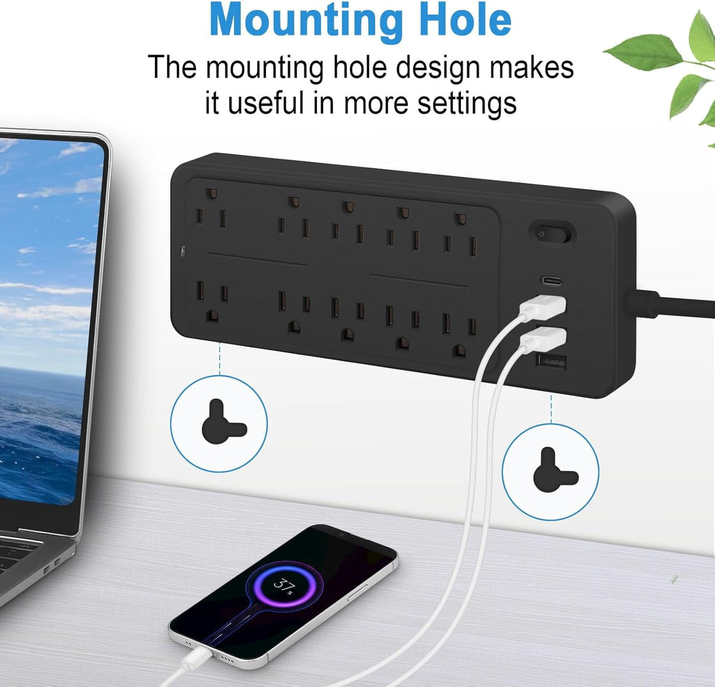 Power Strips with Surge Protection 16Awg Heavy Duty 2000W/13A 10 Outlets with 4 USB Ports (1 USB C) Extension Cord with Multiple Outlets 14-in-1 Flat Plug Power Strip Protector for Home Office Black