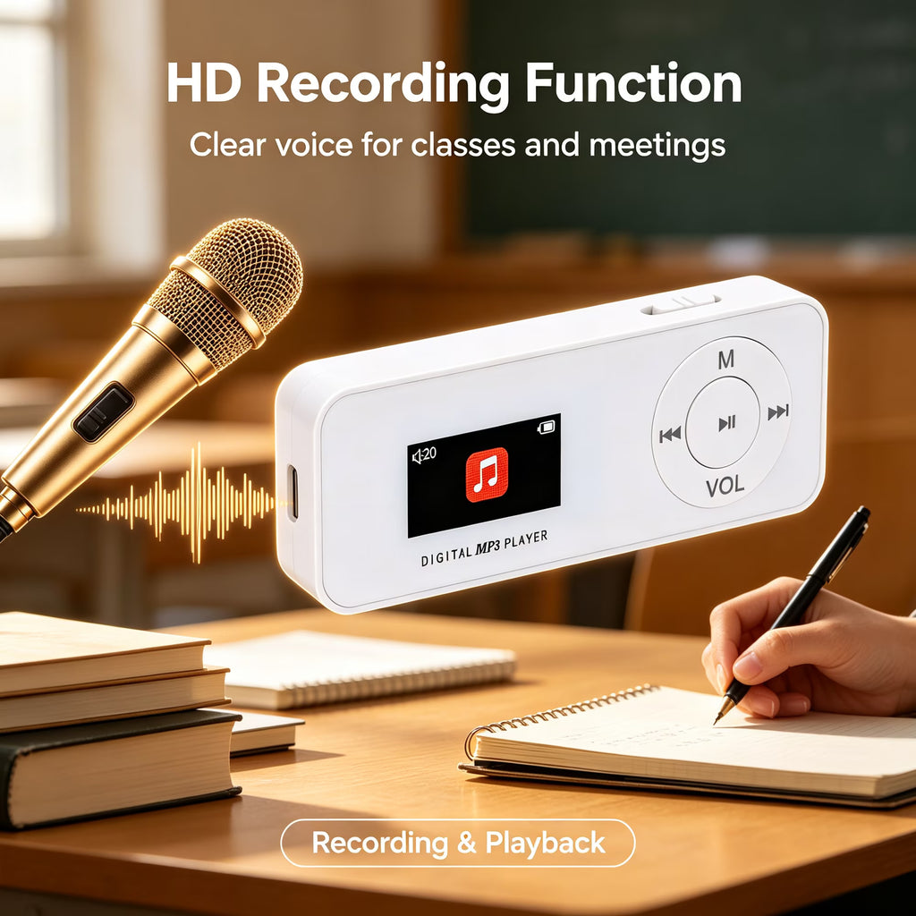 MUSICOZY Bluetooth MP3 Player with Built-in Speaker, 1.1 Inch Mini Digital Music Player, Portable Lossless Audio Player, Support TF Card, Voice Recorder, FM Radio for Students, Running, Travel