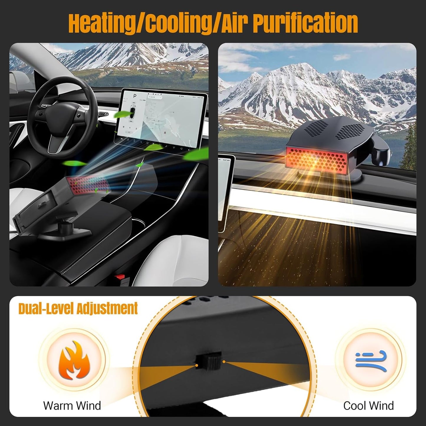 MUSICOZY Portable Car Heater 12V 200W Portable Car Heater and Defroster 360-Degree Rotation 2-in-1 Fast Heating Cooling Fan Car Windshield Defogger and Defroster with Smoke Igniter for All Cars Black
