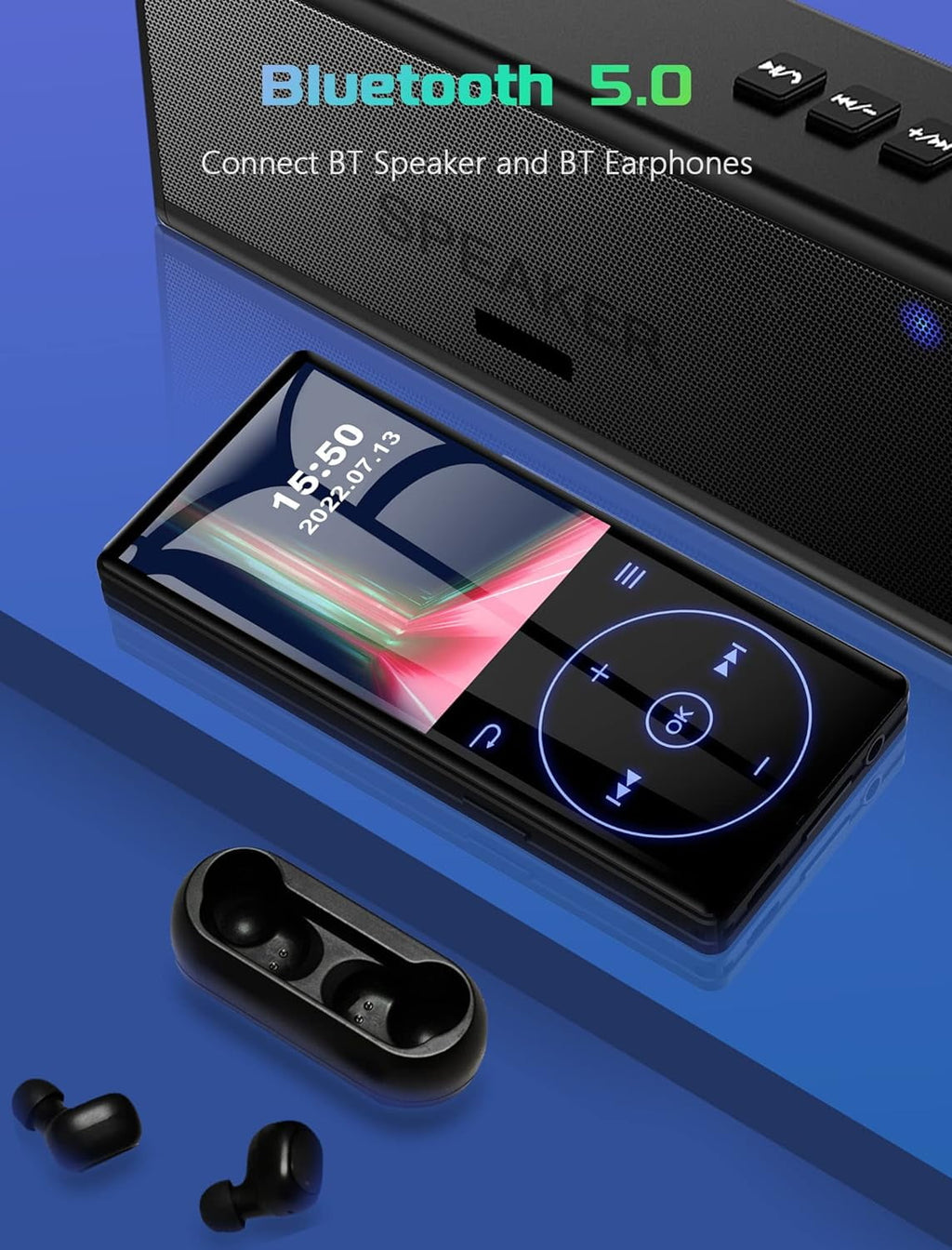 MUSICOZY 96GB MP3 Player with Bluetooth 5.0: Portable Lossless Sound Music Player with HD Speaker 2.4 Screen Voice Recorder FM Radio Touch Buttons 32G Storage+Support up to 64GB for Running Walking