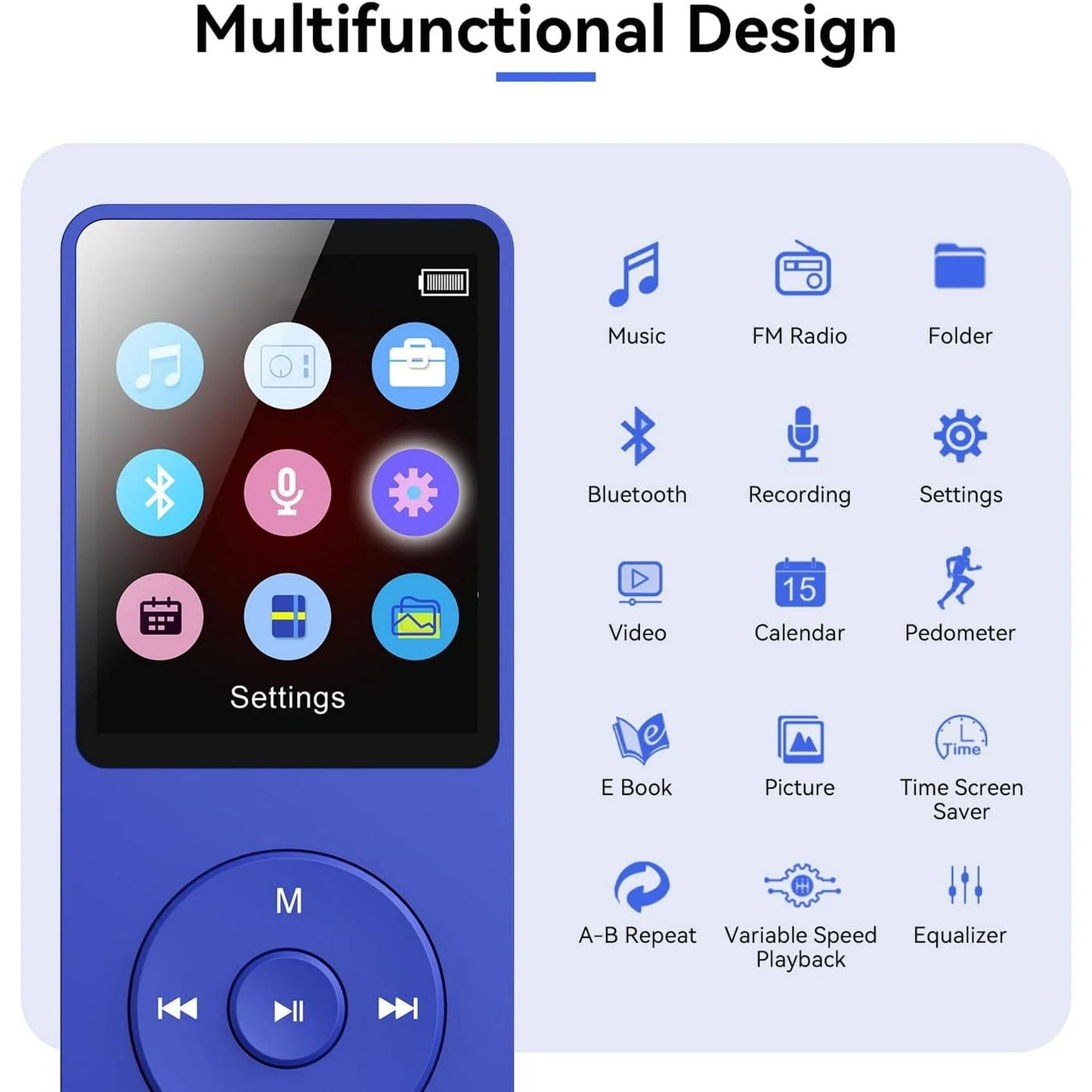 MP3 Player with Bluetooth and 32GB TF Card HiFi Music Player with Built-in Speaker Earphones Multifunctional MP3 Players with FM/Recording/E-Book/Video Supports up to 128GB for Kids Running Walking