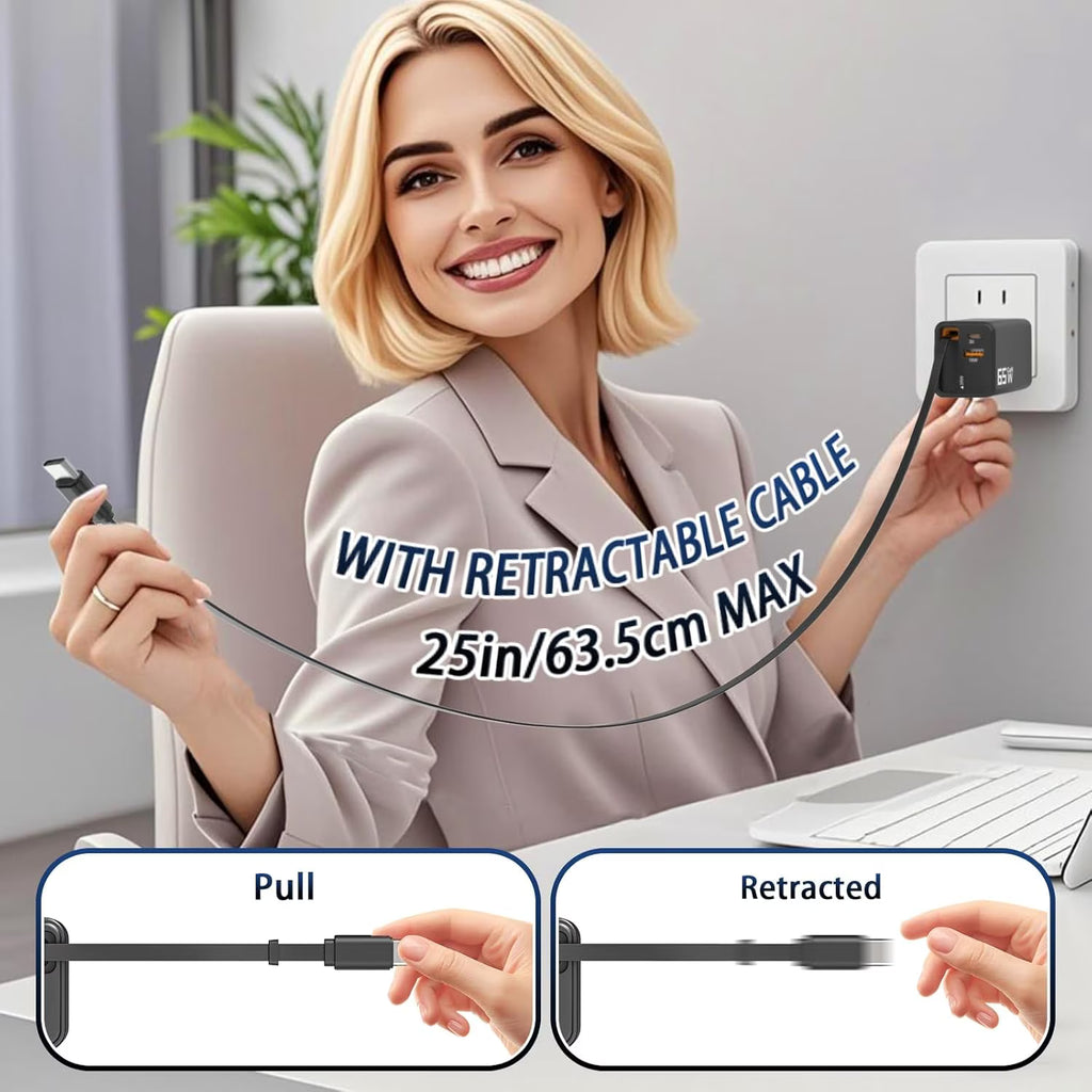 Retractable Charger, Type C Charger Fast Charging, 65W Retractable USB C Charger with Type-C Cable and QC18W PD30W Port, PD PPS Fast Charging Block with Foldable Plug Travel Essentials